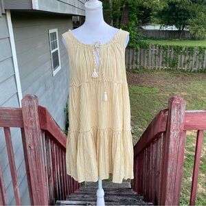 Hersy Cotton Yellow‎ Striped Tiered Lined Sleeveless Tassel Sundress Spring